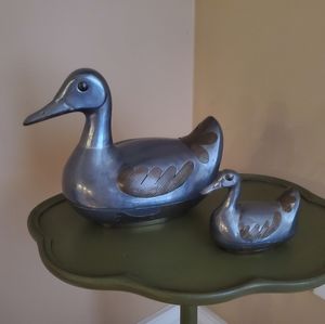 Vintage Pewter & Brass Ducks Birds Figurines Decor Set of 2 Silver Wildlife